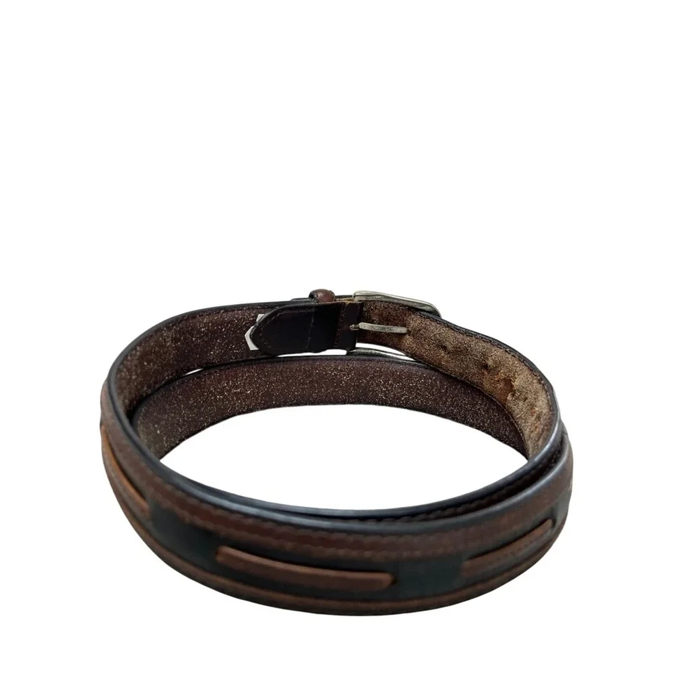 Mens Two Tone Black Brown Leather Western Belt Silver Buckle Metal Tip 47 Inch